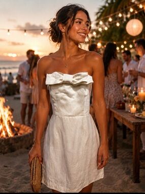 Lavender Brown Strapless Bow-Front Mini Dress in White size medium